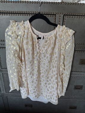 Rebecca Taylor Cream Blouse with Gold Leopard Foil and Ruffle Trim